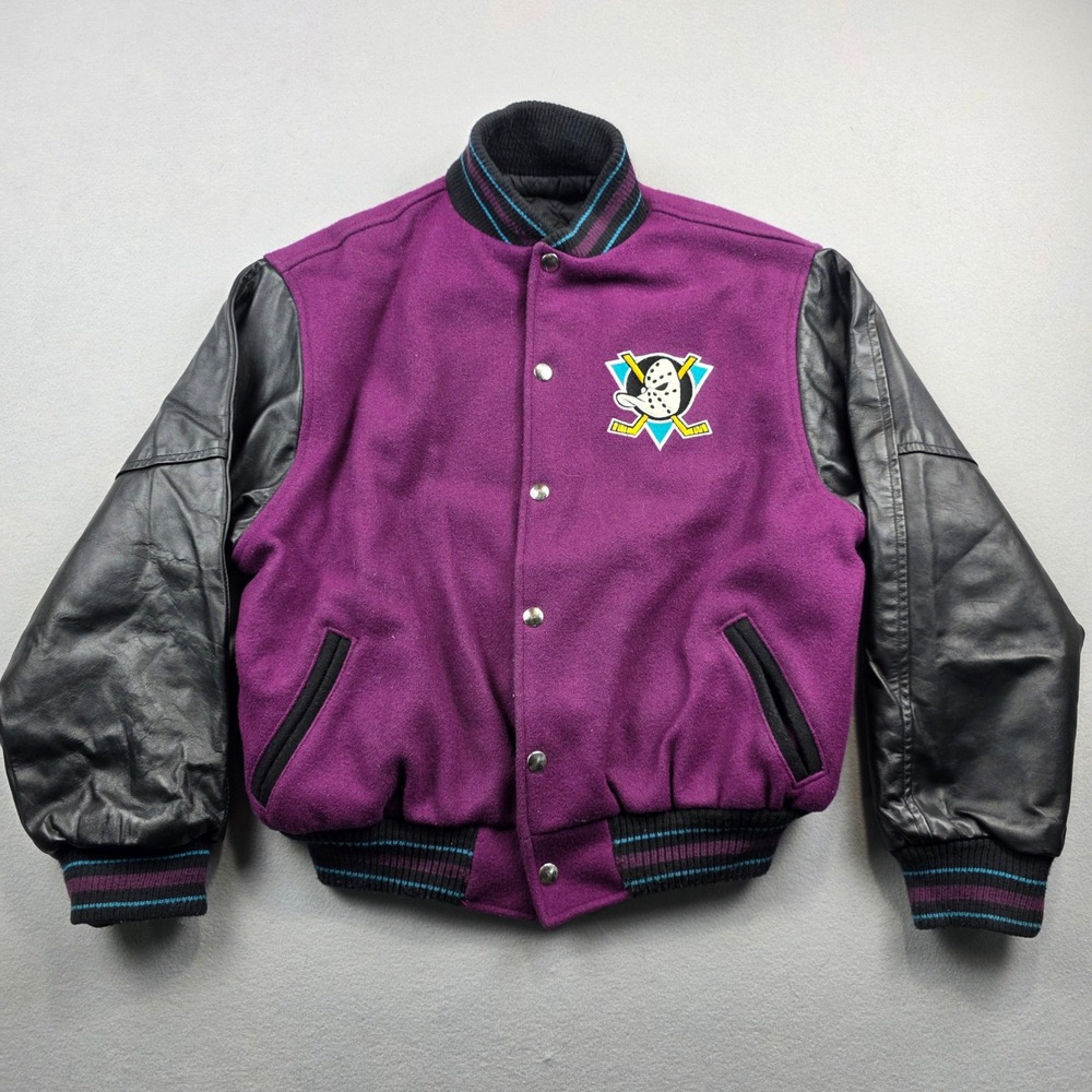 Vintage Mighty Ducks NHL Varsity Jacket Purple Black Kids Size 14 Identity Inc